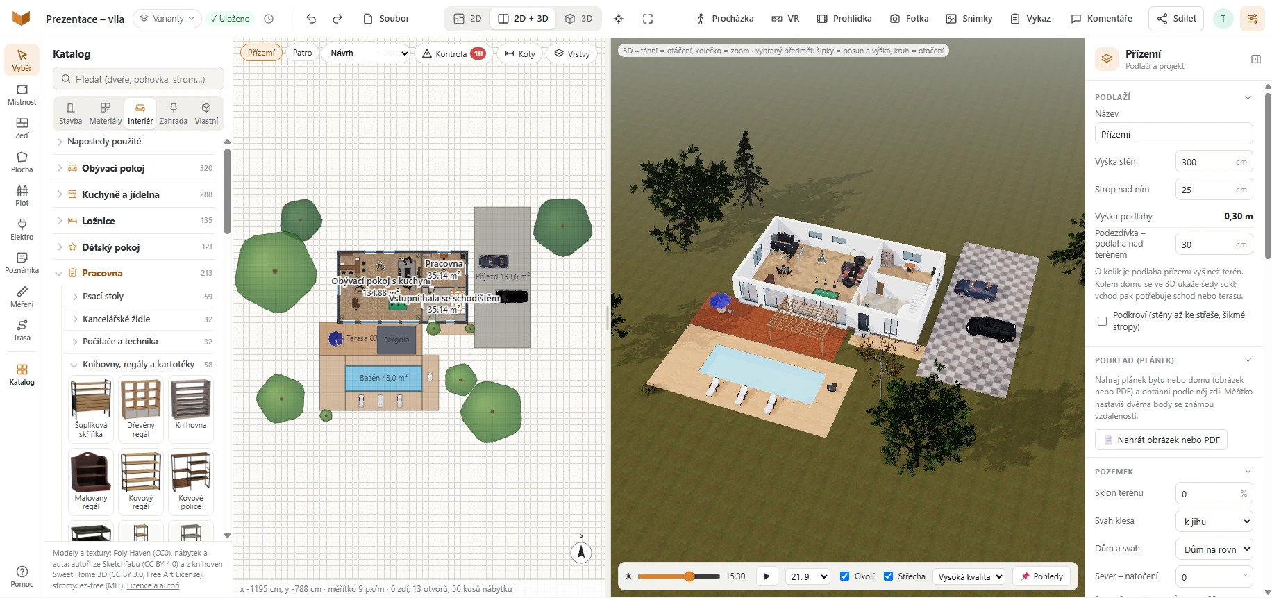 Editor Vizky s projektem vily: vlevo nástroje a katalog nábytku, uprostřed půdorys a vedle něj 3D pohled na stejný dům s bazénem a příjezdem, vpravo vlastnosti podlaží a pozemku.